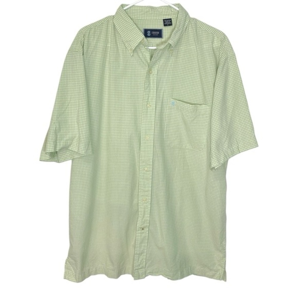 IZOD Large Lime Green Gingham Short Sleeve Button Down Shirt Preppy Coastal‎